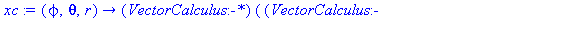 (Typesetting:-mprintslash)([xc := proc (phi, theta, r) options operator, arrow; (VectorCalculus:-`*`)((VectorCalculus:-`+`)((VectorCalculus:-`*`)(r, cos(phi)), rB), cos(theta)) end proc], [proc (phi, ...